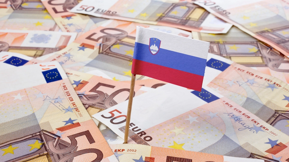 50-evrski bankovci na mizi v katere je zapičena majhna slovenska zastava