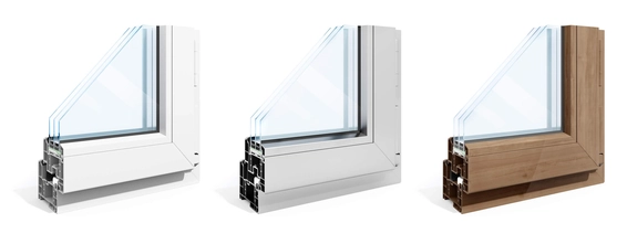 Tri vrste oken v prerezu: PVC, aluminij, leseno okno