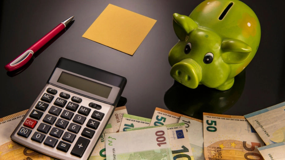 zelen pujsek - šparovček, kalkulator in evrski bankovci na črni mizi