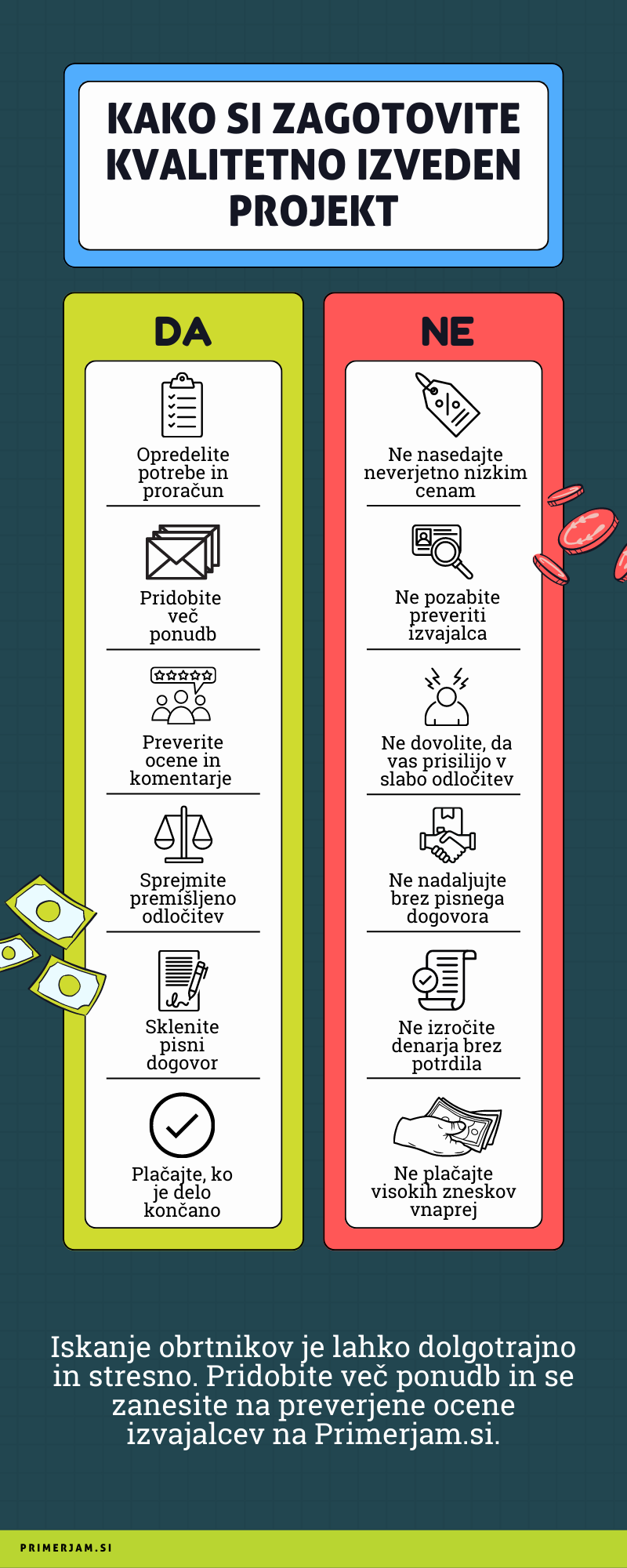 infografika z nasveti, kaj morate in česa ne smete storiti pri najemanju obrtnikov in drugih izvajalcev storitev