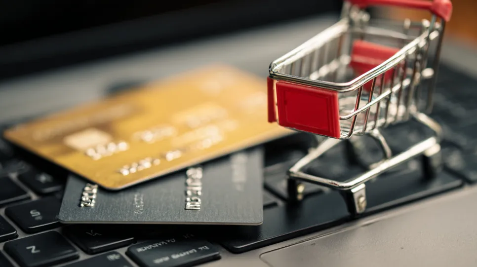 Miniaturni nakupovalni voziček in plačilne kartice na tipkovnici prenosnika, kar ponazarja spletno nakupovanje in plačevanje.