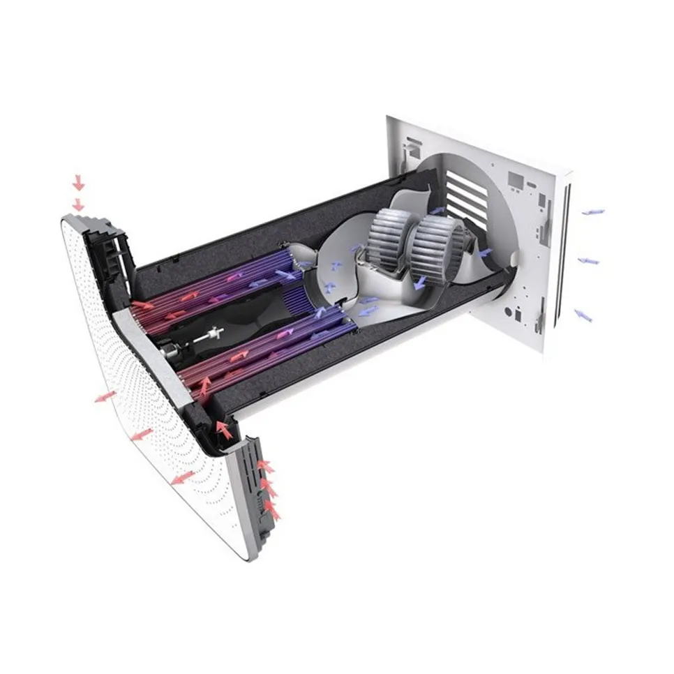 Prerez dvocevnega rekuperatorja; prikaz smeri pretoka zraka – topel izhodni zrak (rdeče) se odvaja ven, svež zunanji zrak (modro) vstopa skozi izmenjevalnik.