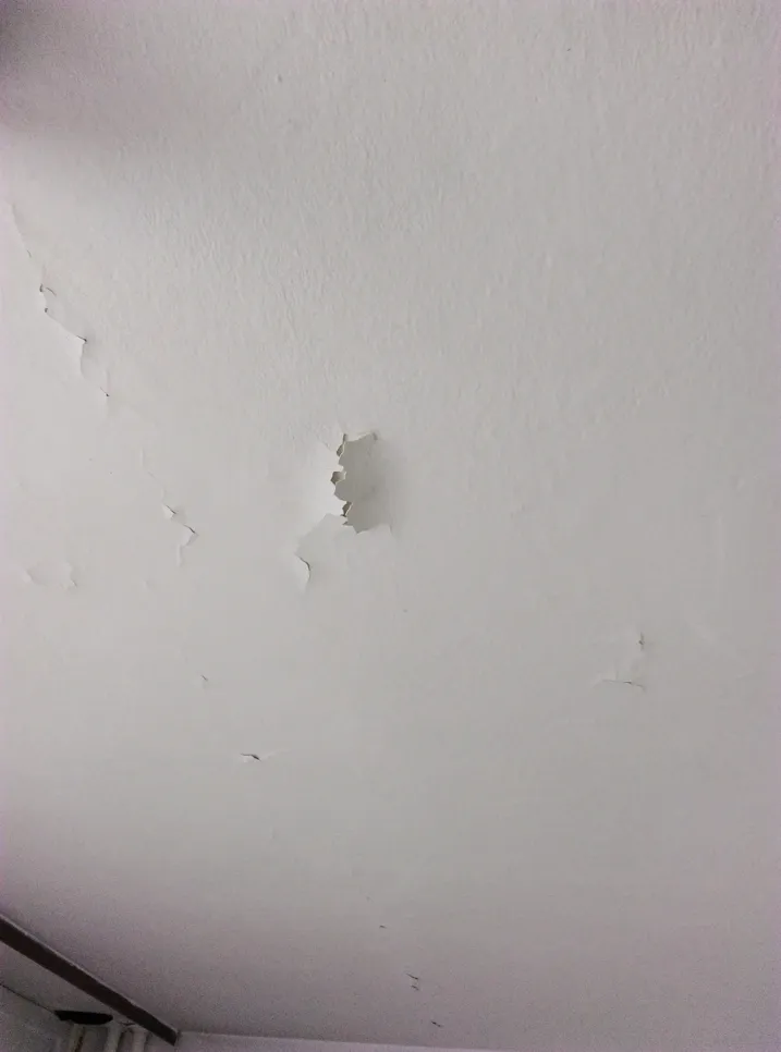 Ceiling with peeling paint indicating potential moisture damage or poor adhesion.