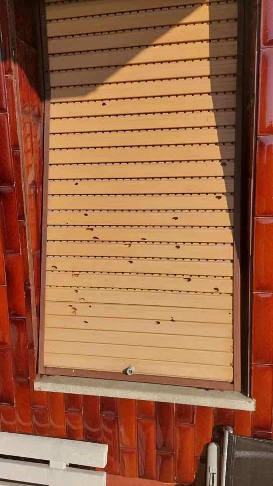 Exterior window shutter with visible holes and damage on a brick wall.