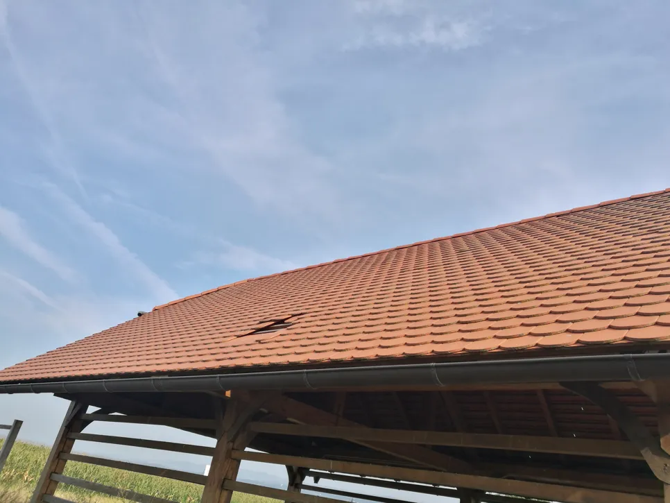 Broken roof tile on a wooden structure, creating a gap in the tiled surface against a clear sky.