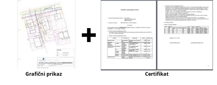 Primer geodetskega načrta, sestavljenega iz grafičnega prikaza in certifikata