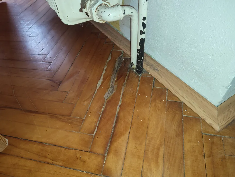 Water damage near radiator pipe (103028) Close-up of hardwood floor with water damage near a radiator pipe, showing warped and discolored boards.