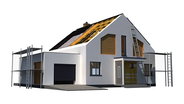 Vizualizacija novogradnje z gradbenimi odri, lestvami in manjkajočo streho.