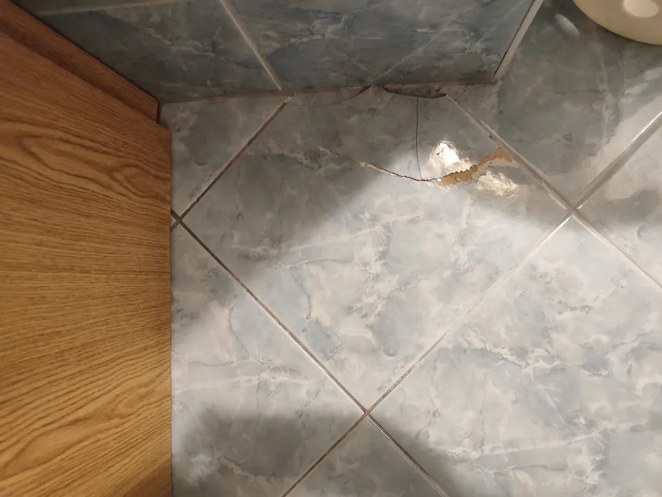 Bathroom floor tile with visible crack and damage near the corner intersection, showing deterioration.