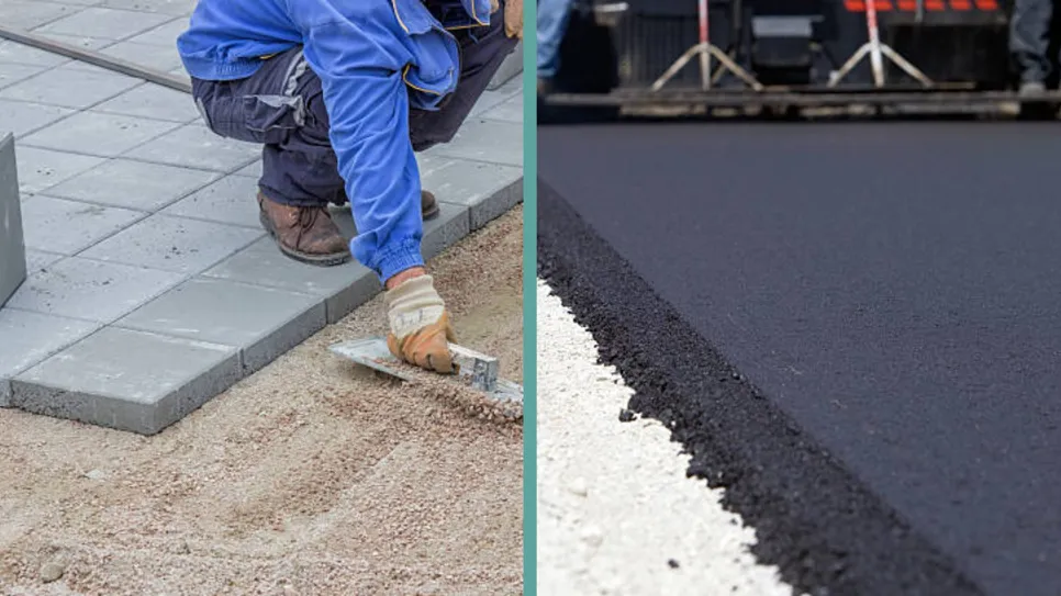 Levo: polaganje kvadratnih tlakovcev, desno: asfaltirana površina od blizu