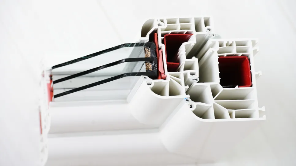 Prerez PVC okna s troslojno zasteklitvijo - prikaz sestave okna