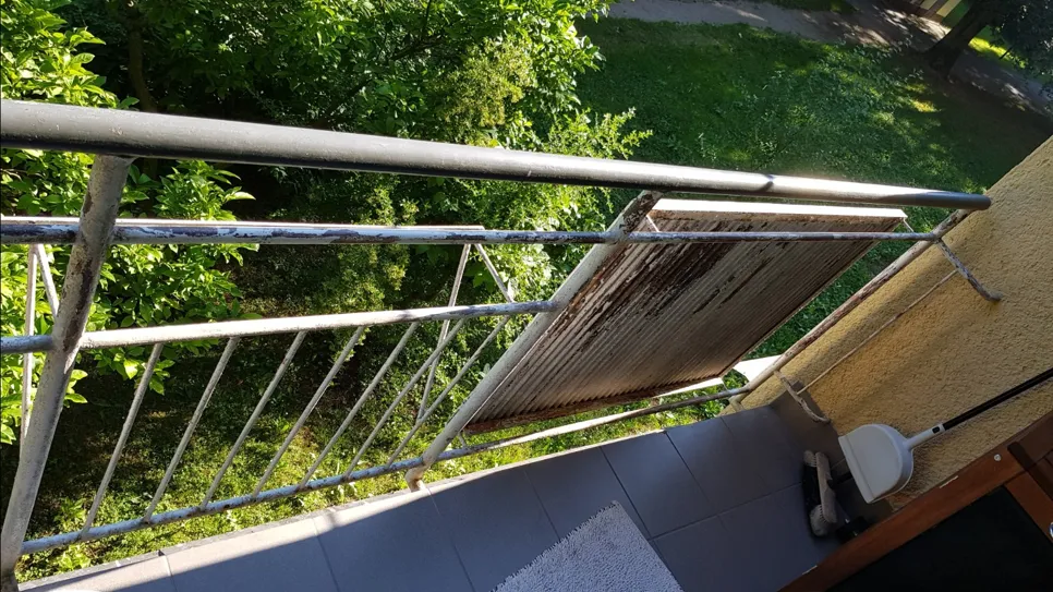 A rusty balcony railing with peeling paint overlooks a lush green garden, indicating metal deterioration.