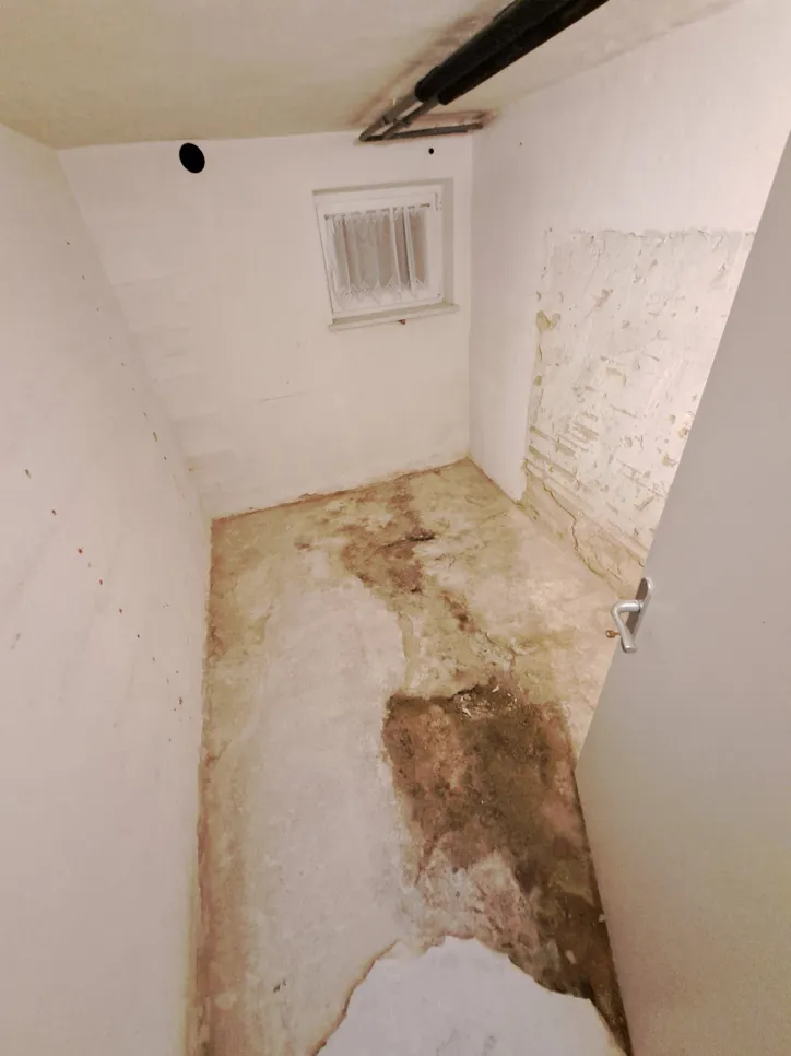 Small basement room with significant water damage on the floor, showing dark stains and discolored surfaces.