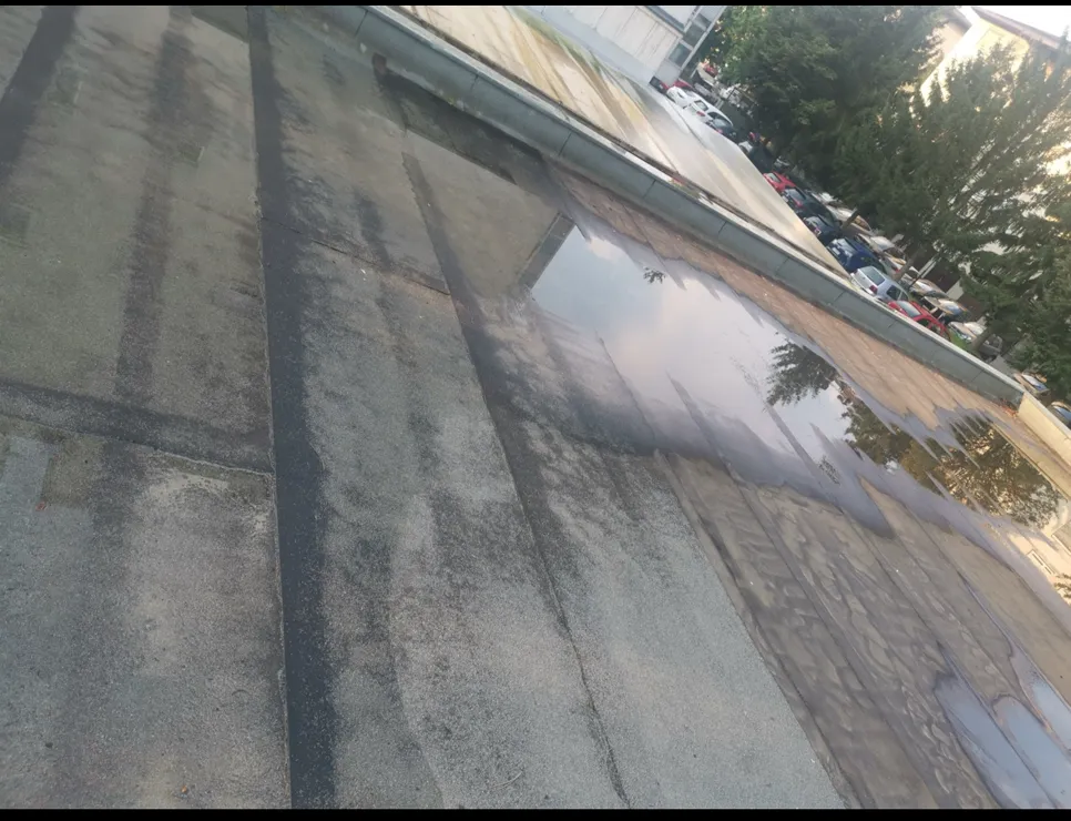 Flat roof with visible water pooling, indicating potential drainage issues or surface defects.