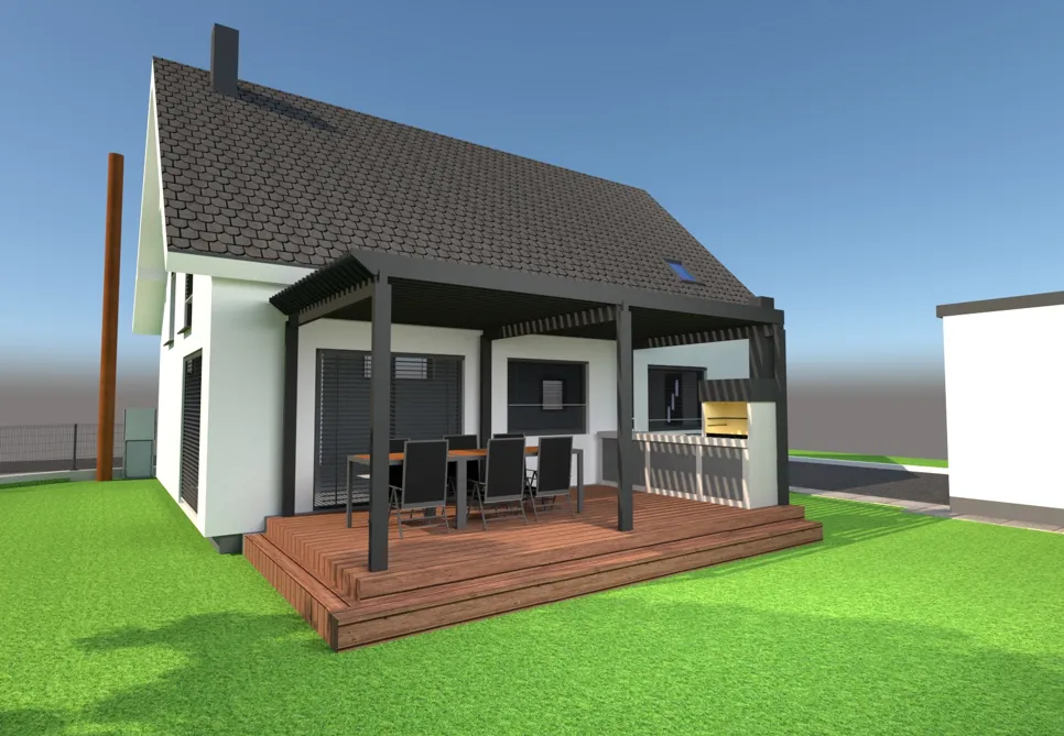 Sodobna hiša z lesenim dvoriščem, ki ima teraso s pergolo in zunanjim jedilnim prostorom.