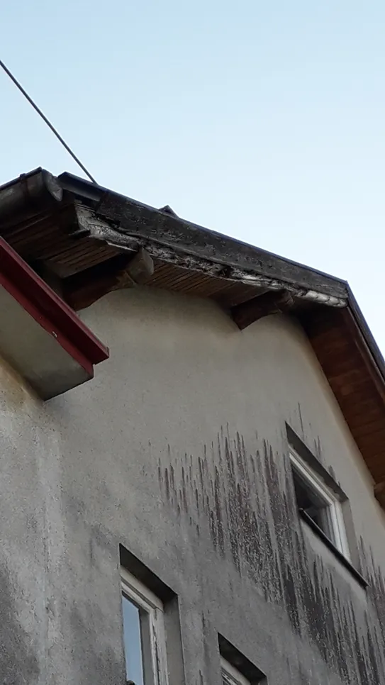 Vidne madeže plesni na zunanjih stenah hiše pod streho, kar kaže na težave z vlago in morebitno vodno škodo.