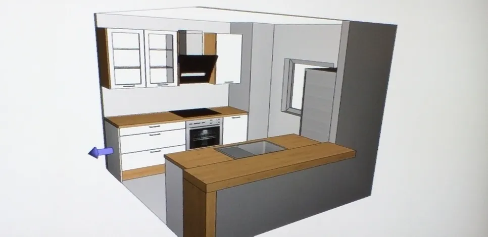 3D načrt kuhinje z otokom, modernimi omaricami in vgrajenimi aparati za učinkovito izrabo prostora.