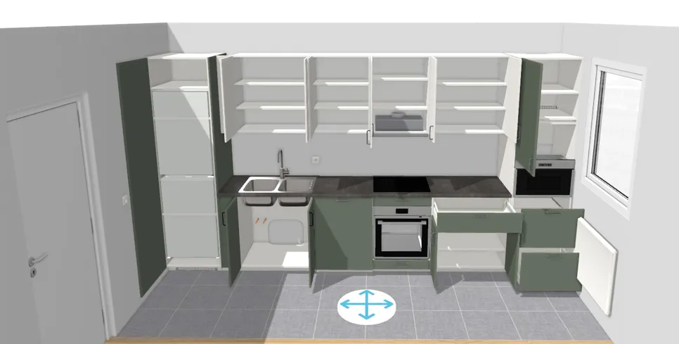 Sodobna kuhinjska zasnova z elegantnimi zelenimi omaricami, odprtimi policami, vgrajeno pečico in sivo keramično talno oblogo.