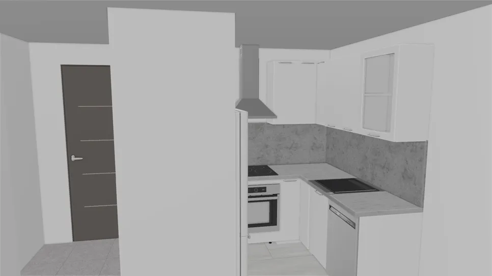 Kompaktna moderna kuhinja z vgrajenimi aparati in minimalističnim dizajnom, ki vključuje sivo in belo barvo.