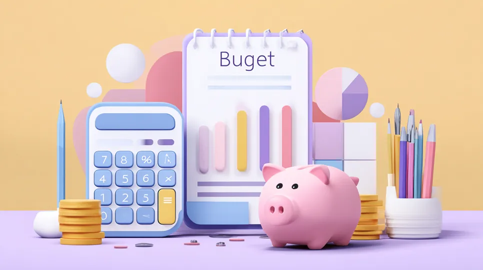 Ilustracija s prašičkom hranilnikom, kalkulatorjem, kovanci, svinčniki in blokom z napisom »Buget«, namenjena prikazu finančnega načrtovanja na spletni strani.