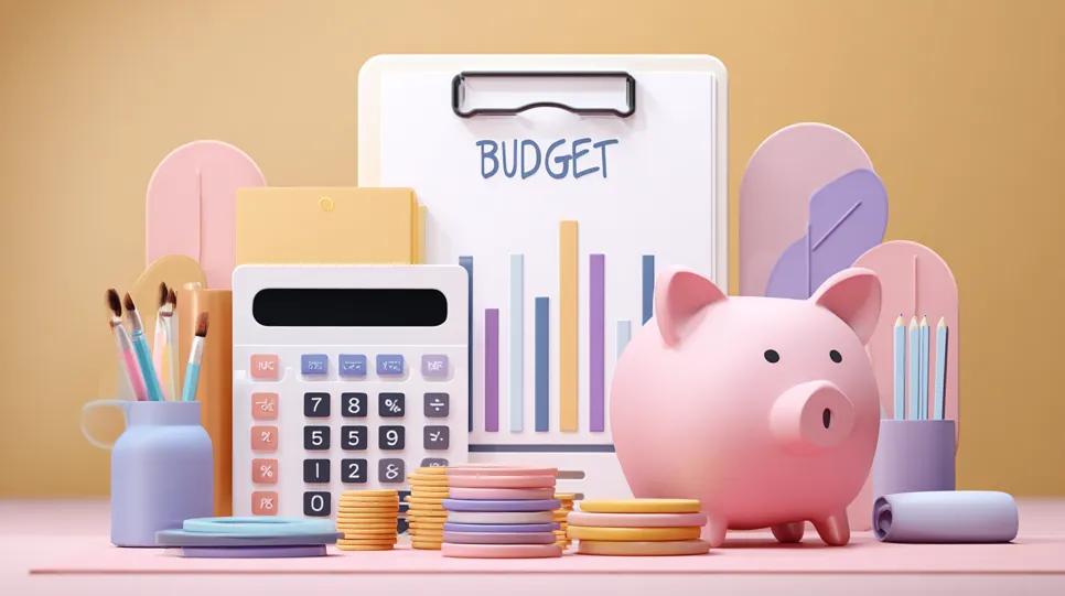 Ilustracija s prašičkom hranilnikom, kalkulatorjem, kovanci, svinčniki in blokom z napisom »Buget«, namenjena prikazu finančnega načrtovanja na spletni strani.